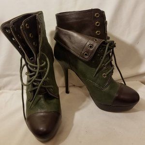 Army Green and Brown Heeled Boots | US Size 9.5
